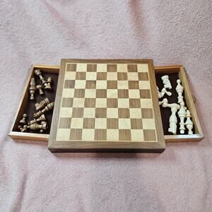 Wooden Magnetic Chess Set with Built-In Storage Drawers and Pieces